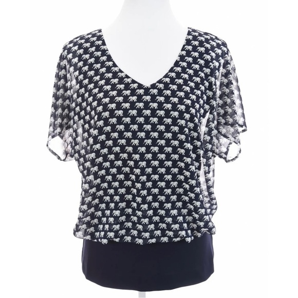 Cabi Navy Blue White Elephant Print Chiffon Overlay Layered Blouse Womens Sz S - Picture 4 of 13